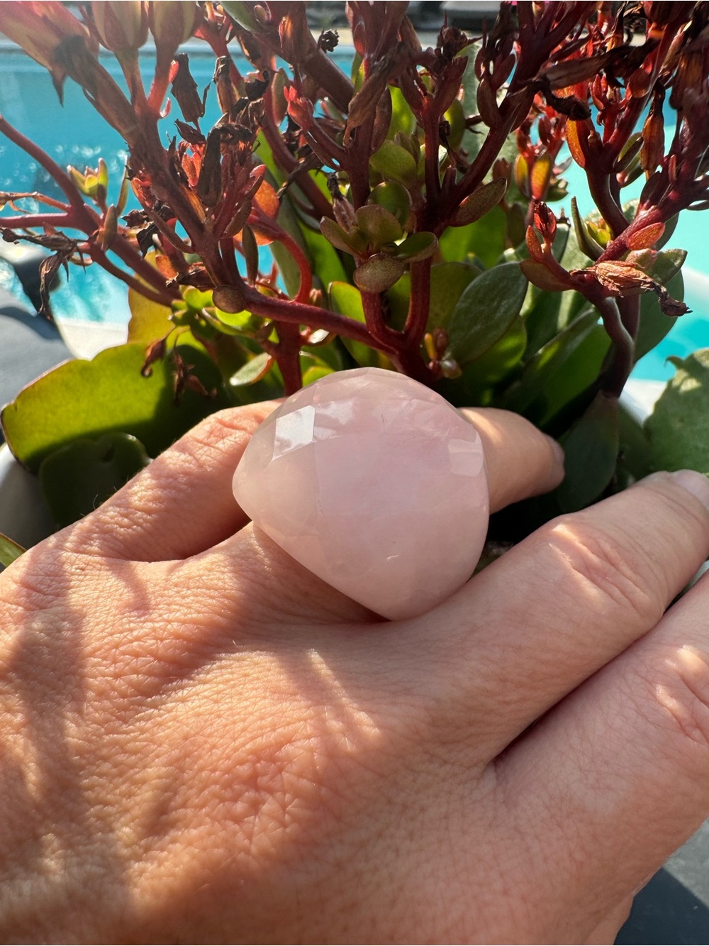 Hand Carved Pink Quartz Ring All Stone Ring. Size 7 (26g)